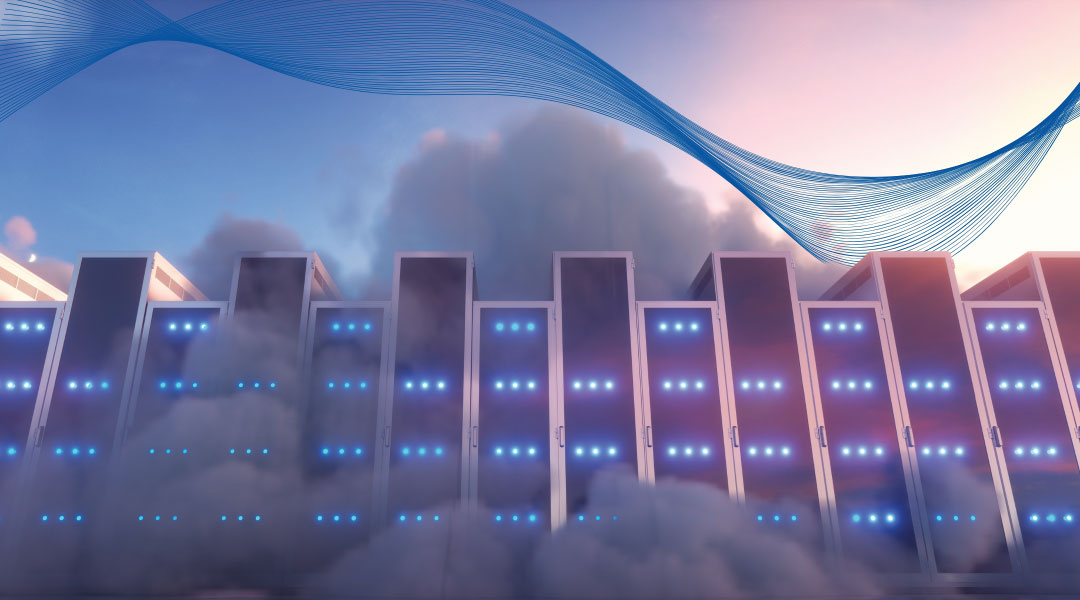 a blue high tech stream flowing above industrial storage servers in grey clouds