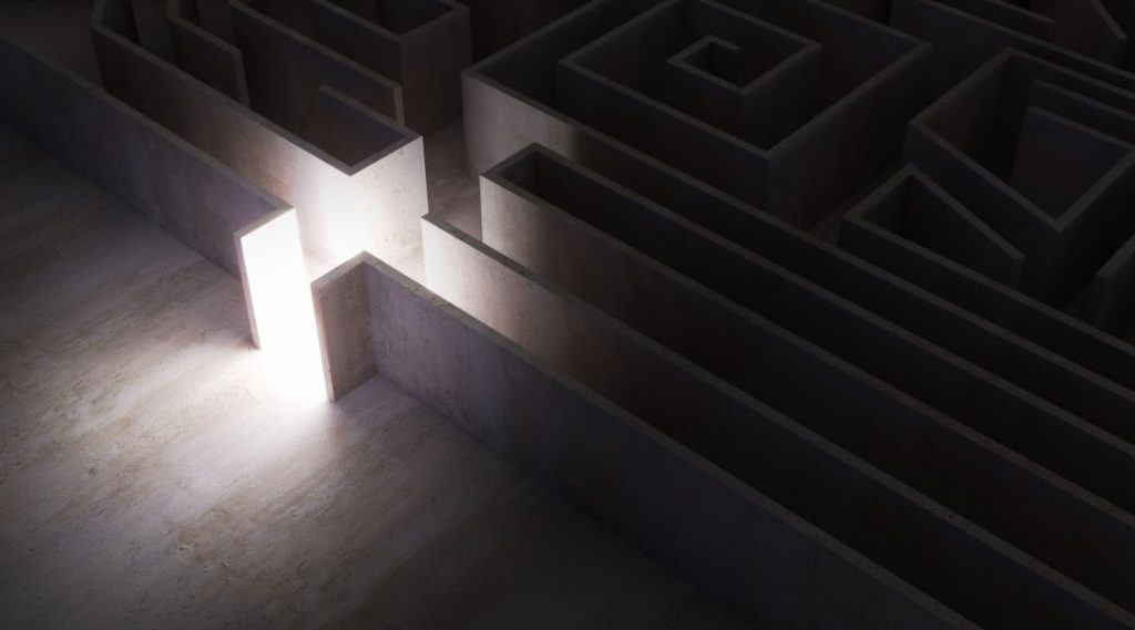Maze structure showing a luminous exit