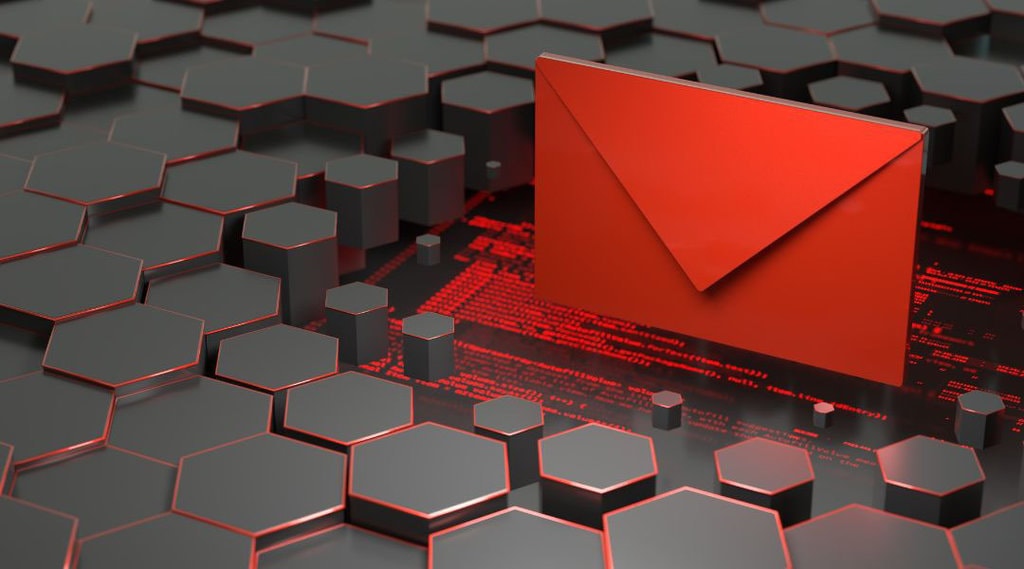 A red envelop on red coding surrounded by a black and red hexagonal structure.