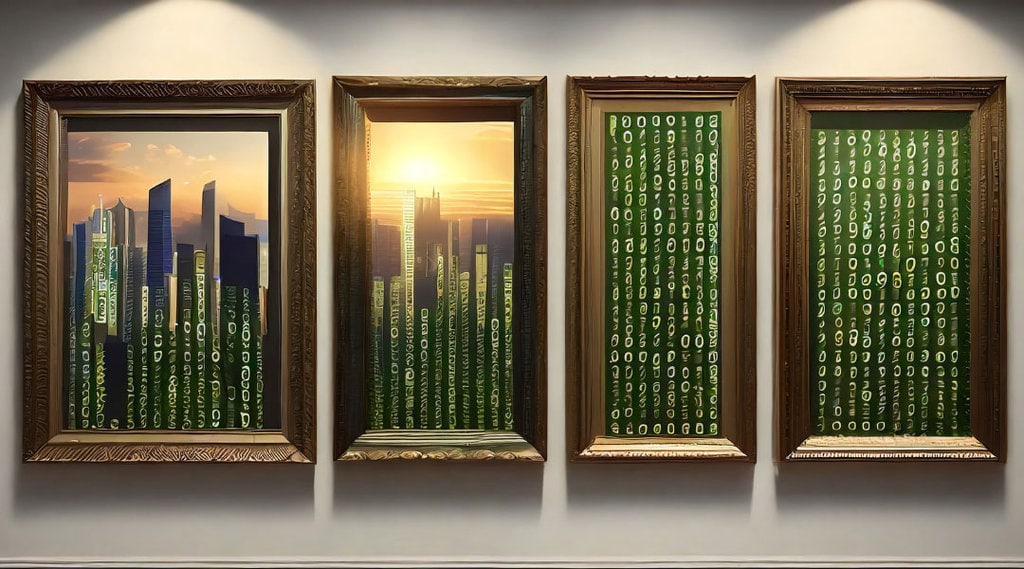 four framed photos of a city skyline turning into columns of coding.