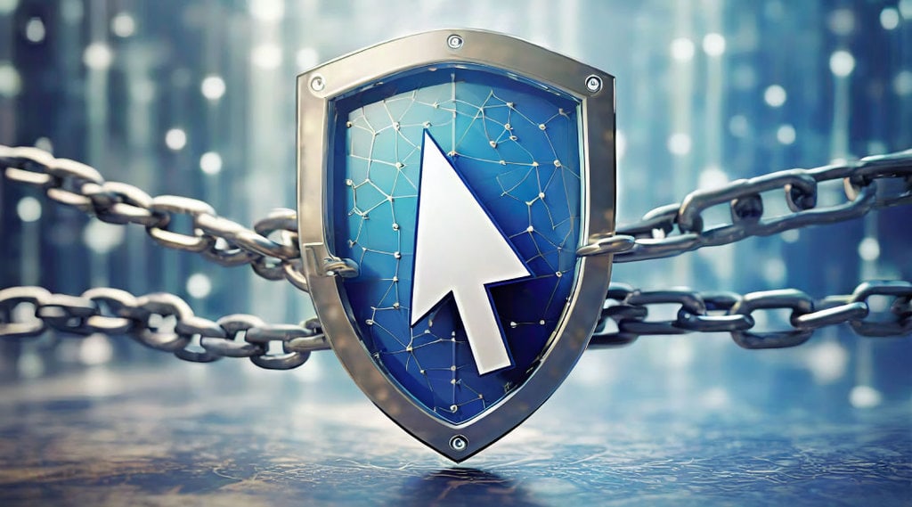 chains holding up a white pointer on a blue and silver shield.