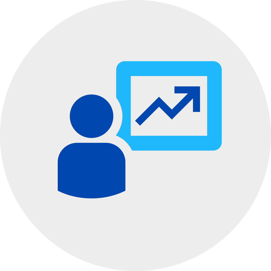 blue person next to growth chart in a grey circle.