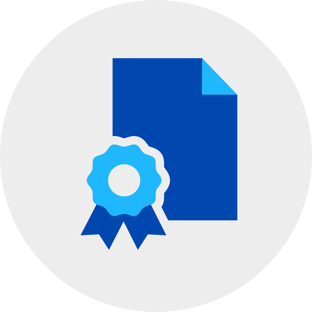 blue file with certification ribbon in a grey circle.