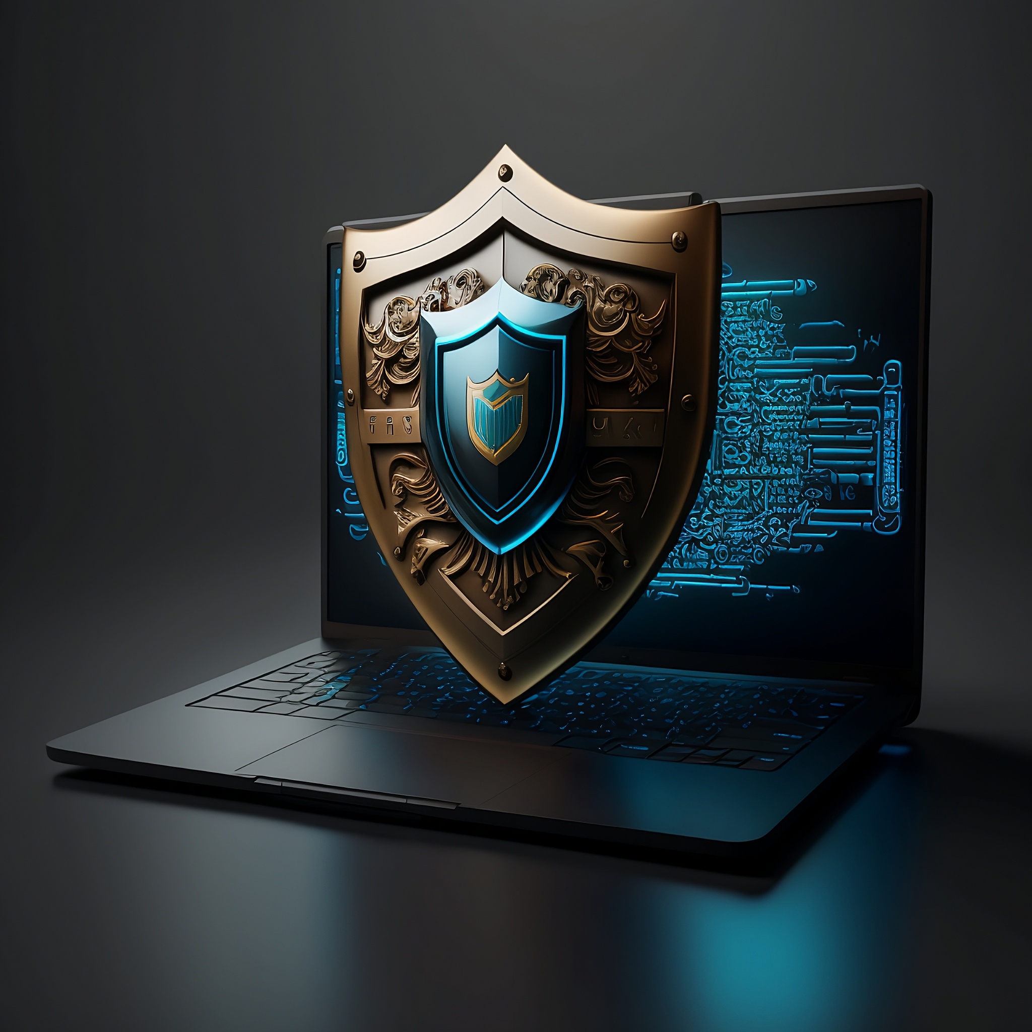 laptop displaying a "techy" looking screen with a three dimensional armor shield covering most of the screen