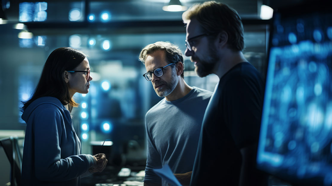 three professional individuals having a conversation in a "tech" looking computer in foreground