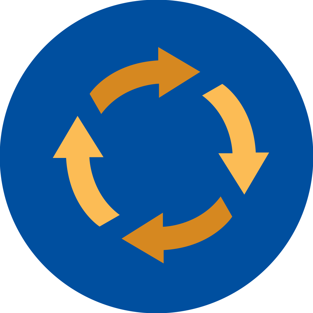 Orange arrows rotating clockwise in a blue circle.