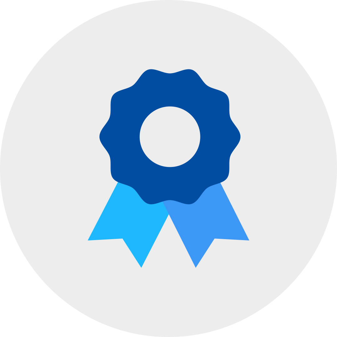 blue award ribbon in a grey circle.