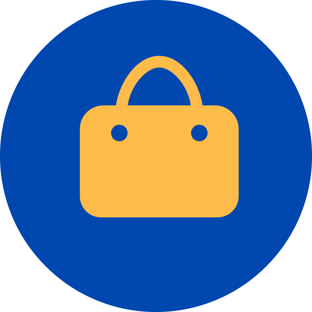 orange shopping bag in a blue circle.