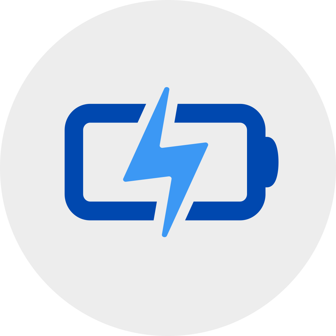 blue battery with a lightning bolt indicating charging in a grey circle.