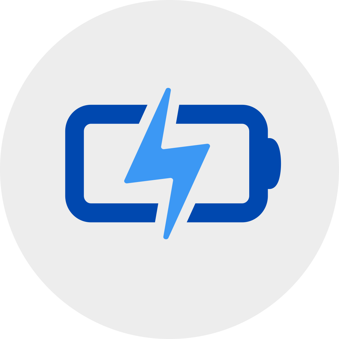 blue battery with a lightning bolt indicating charging in a grey circle.