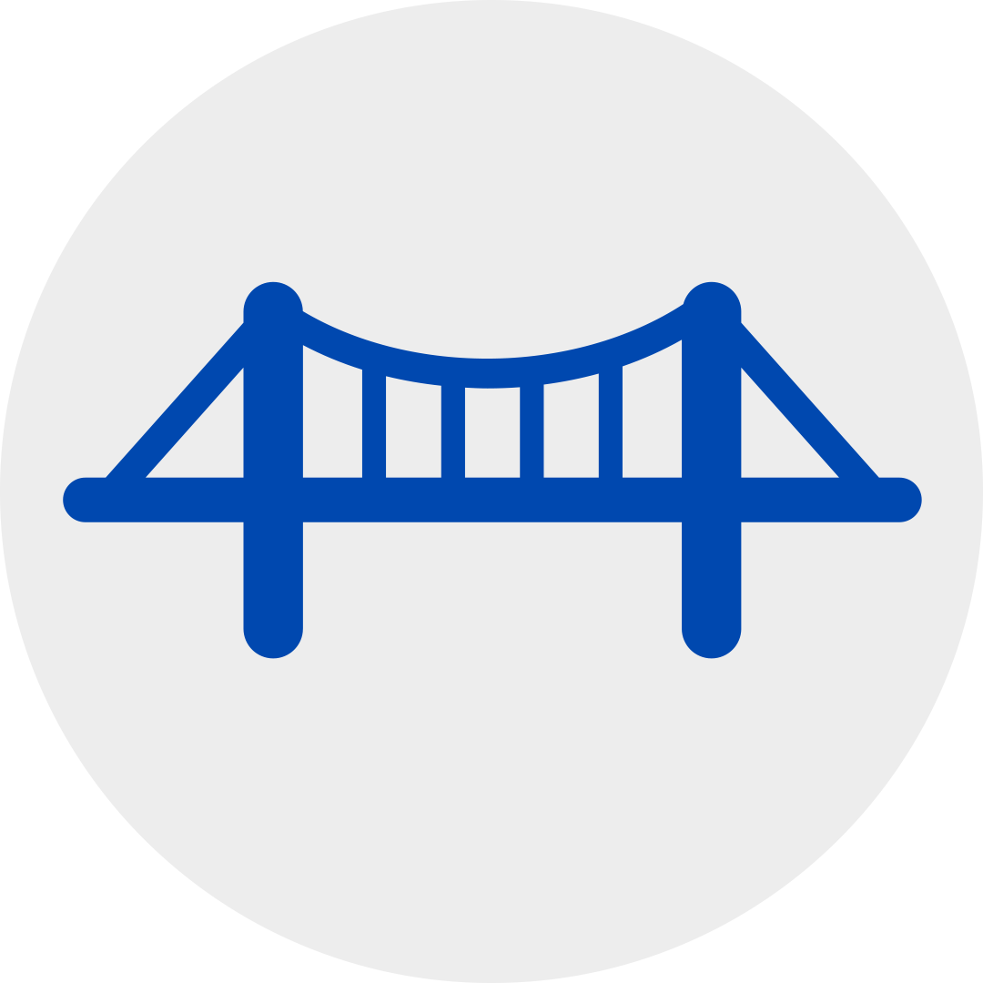 blue suspension bridge in a grey circle