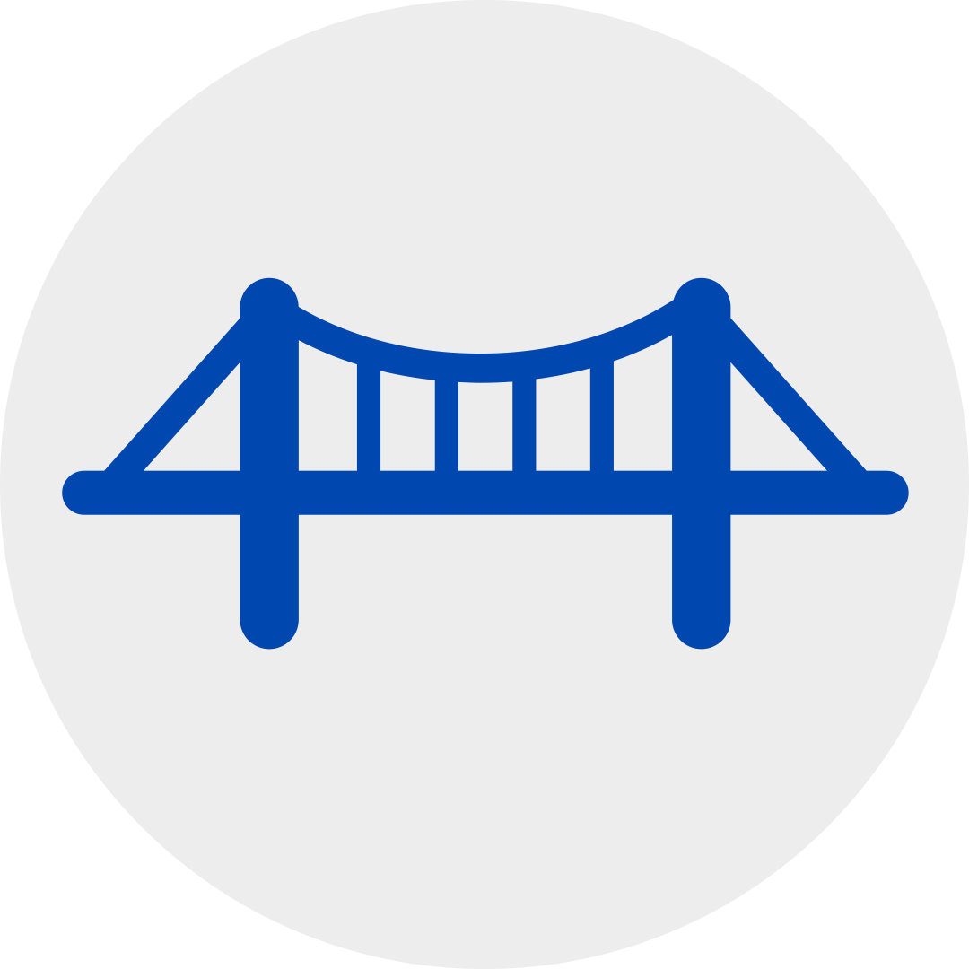 blue suspension bridge in a grey circle