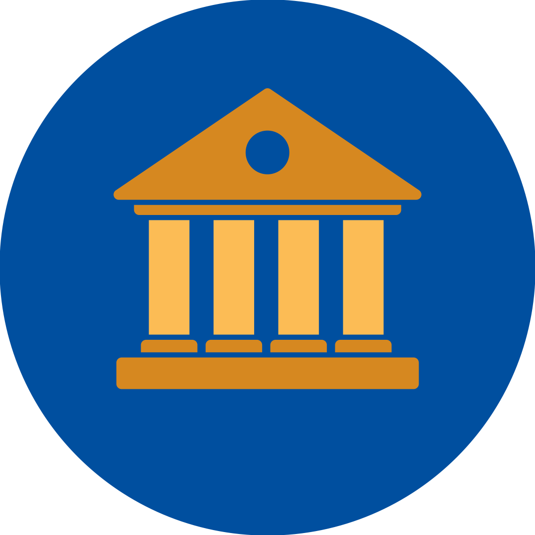 Orange column building in a blue circle.