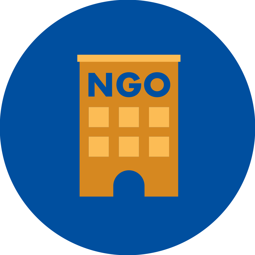 orange NGO building in a blue circle.