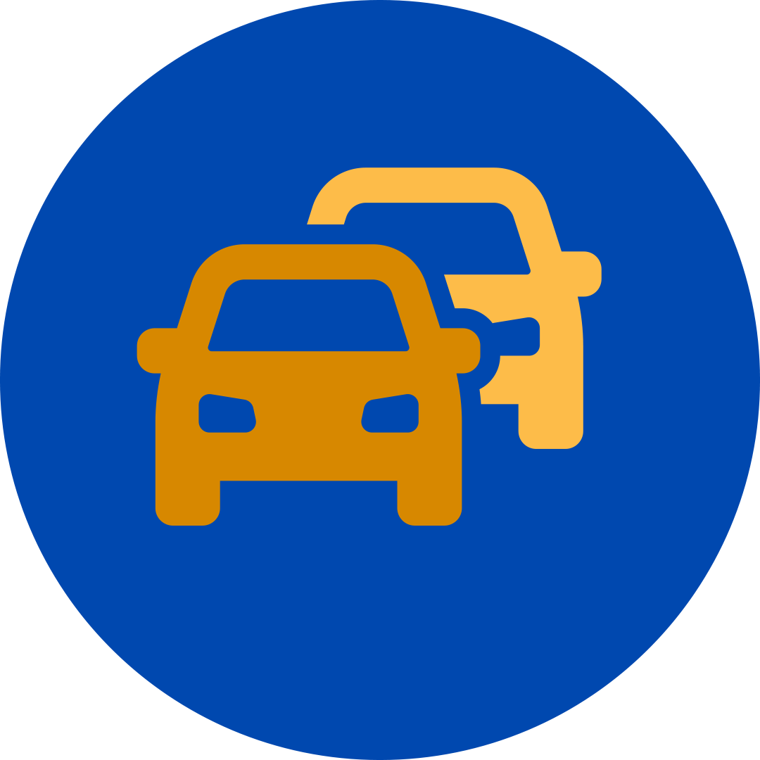 two orange cars driving forward in a blue circle.