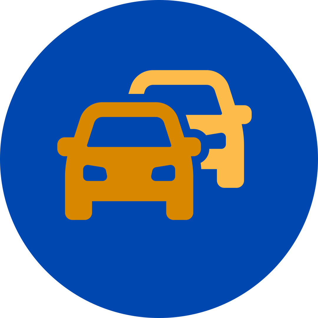 two orange cars driving forward in a blue circle.