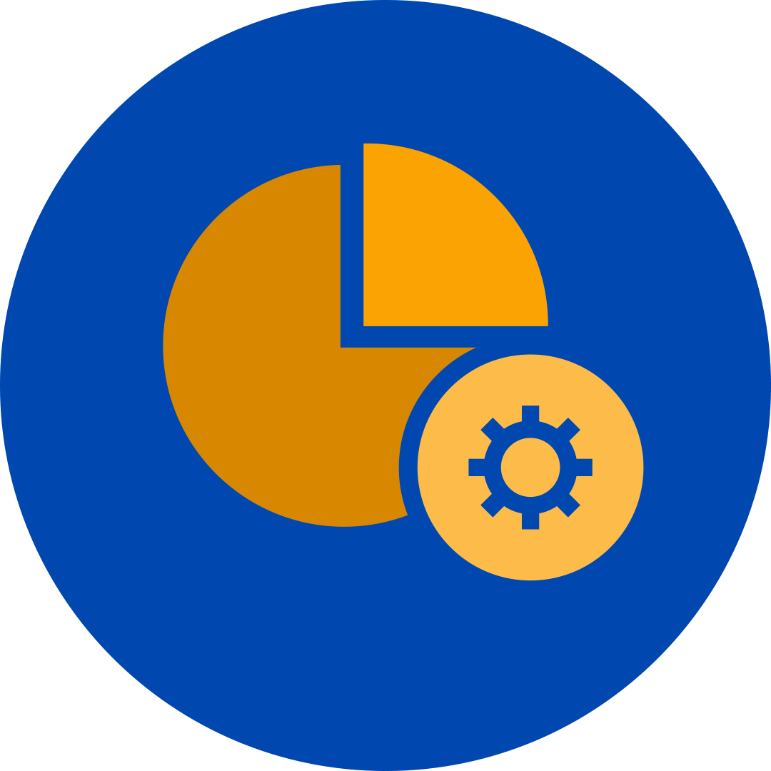 orange setting circle symbol attached to a orange pie chart in a blue circle.