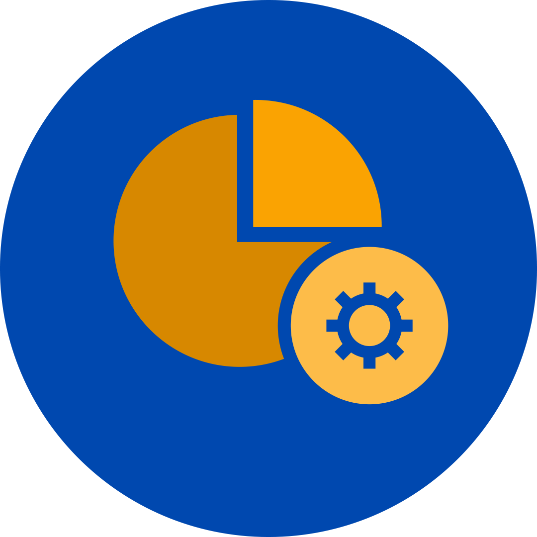 orange setting circle symbol attached to a orange pie chart in a blue circle.