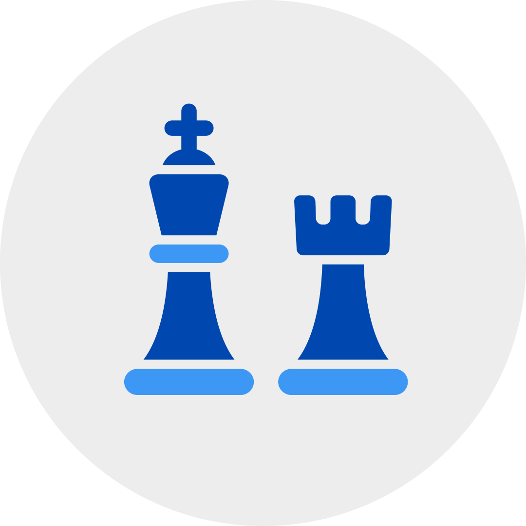 Blue king and pawn chess pieces in a grey circle