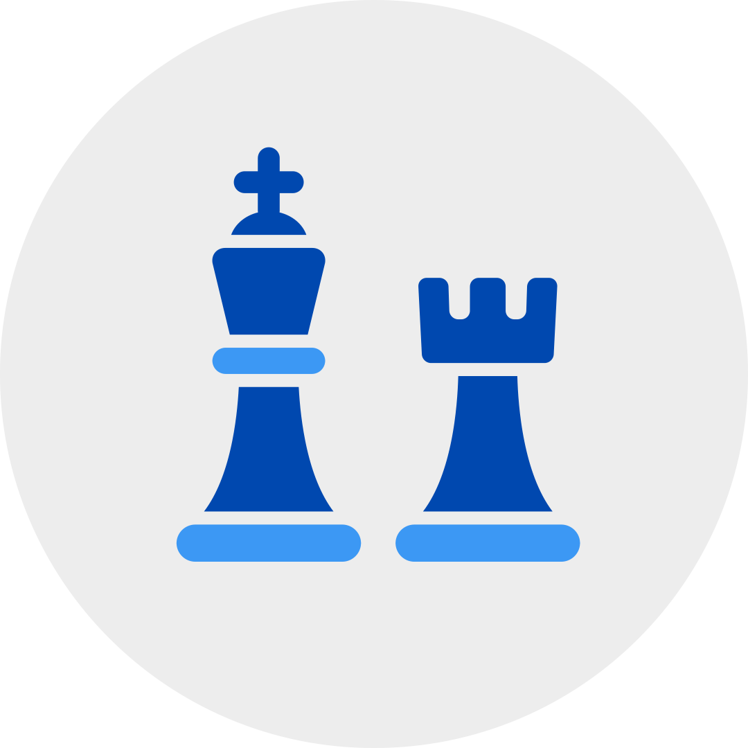 Blue king and pawn chess pieces in a grey circle