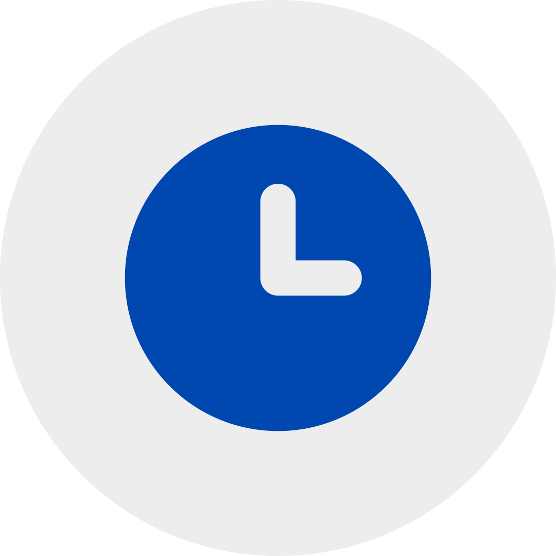 blue clock in a grey circle.
