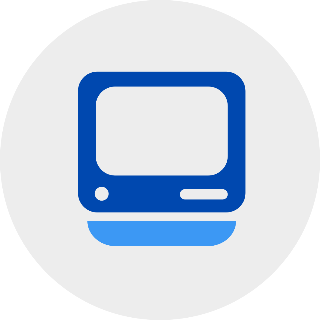 Blue classic desktop computer in a grey circle