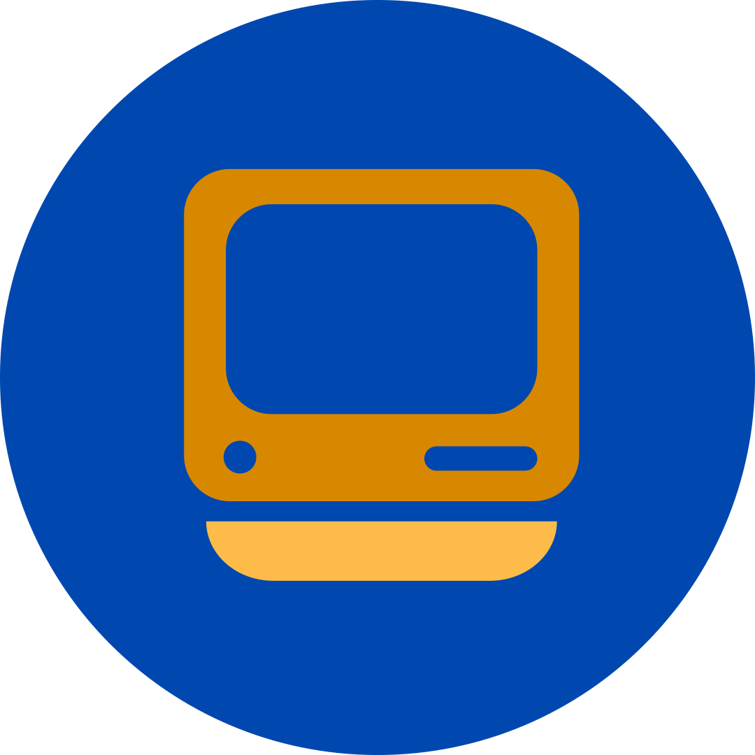 Orange classic desktop computer in a blue circle.