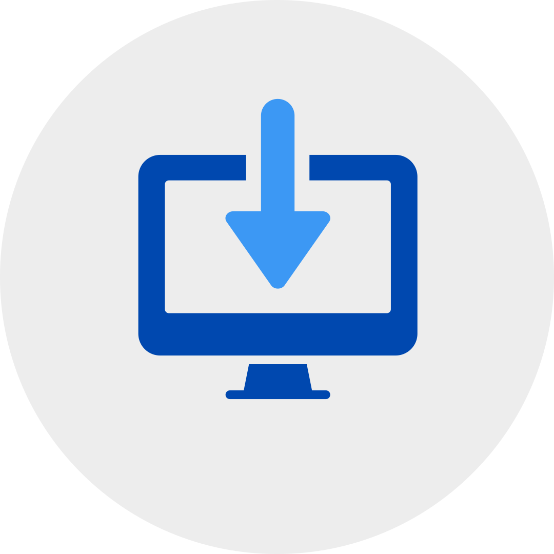 blue download arrow displayed on a blue desktop in a grey circle