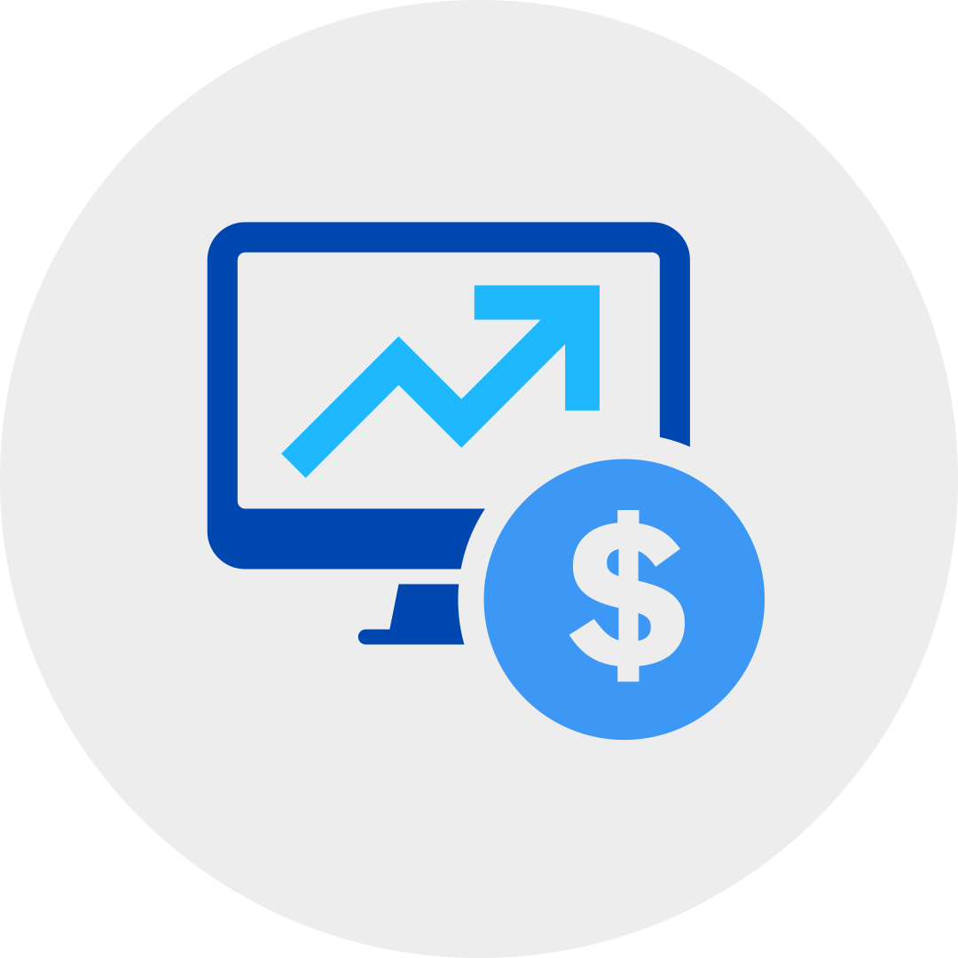 white dollar sign in a blue circle attached to a blue desktop displaying a growth gart in a grey circle.