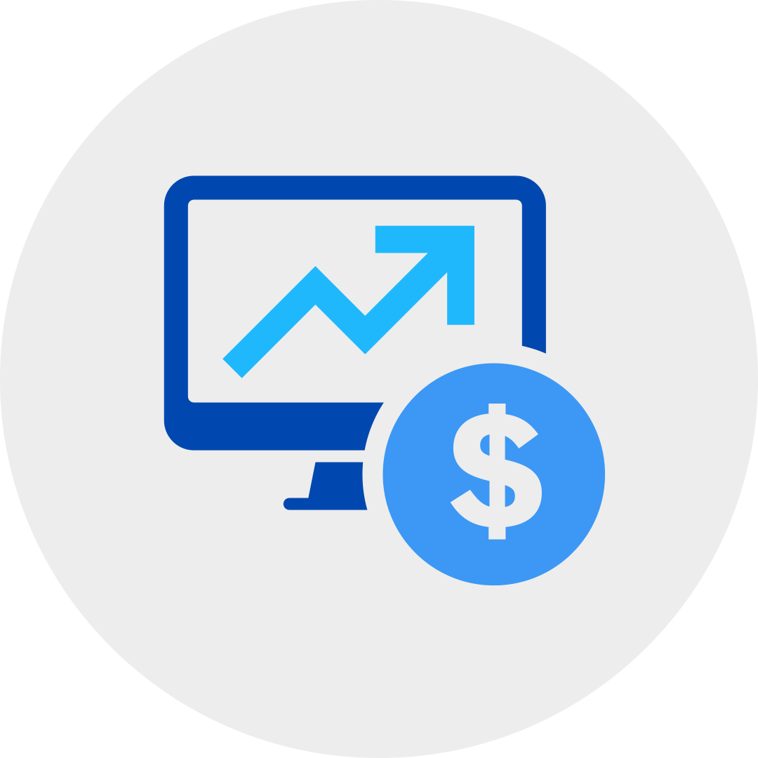 white dollar sign in a blue circle attached to a blue desktop displaying a growth gart in a grey circle.