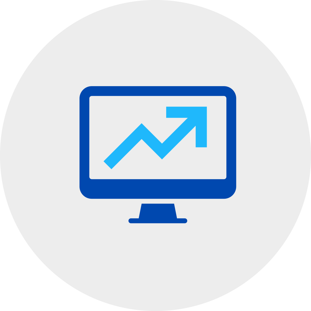 blue desktop computer in a grey circle displaying growth chart.