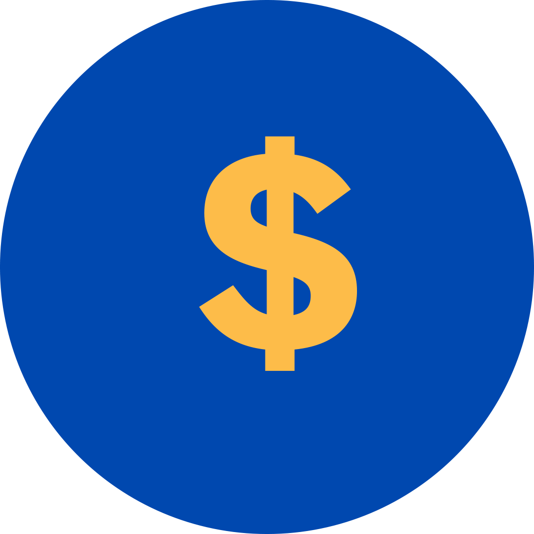 Orange dollar sign in a blue circle.