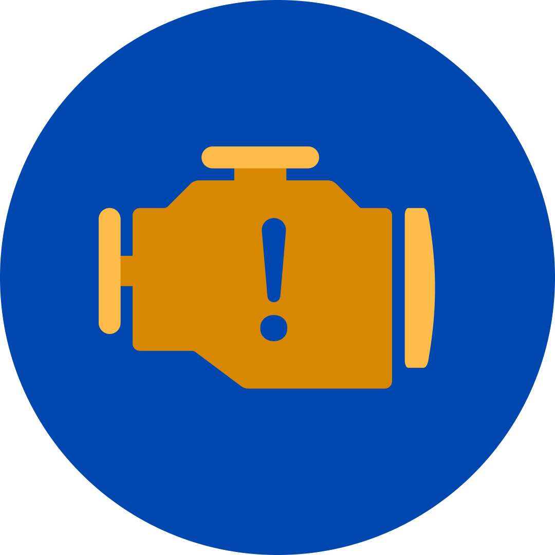 blue exclamation mark on an orange engine symbol in a blue circle.