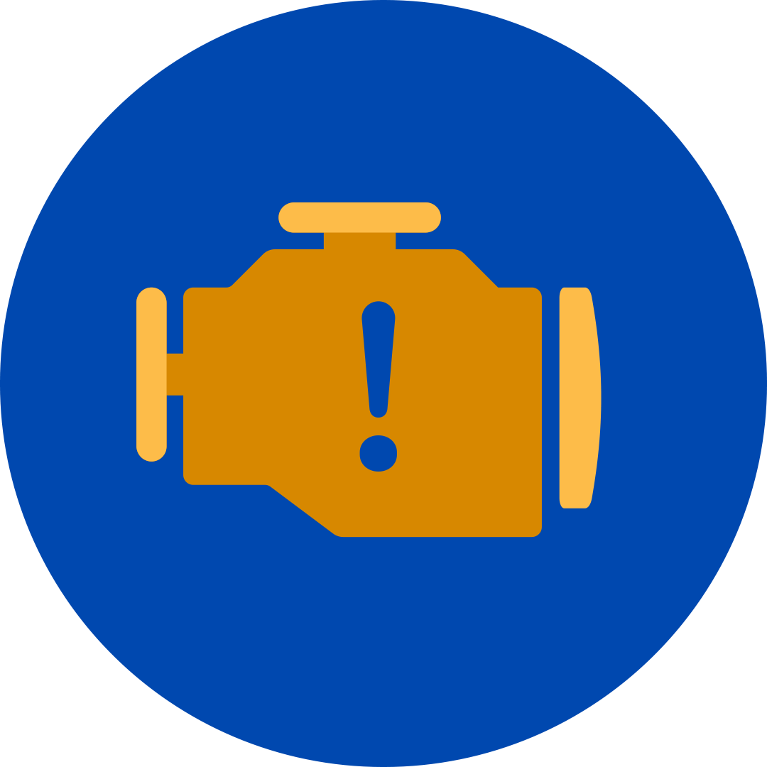 blue exclamation mark on an orange engine symbol in a blue circle.