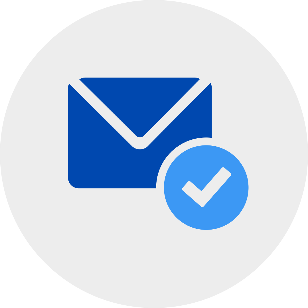 white check mark in a blue circle attached to a blue envelop in a grey circle.