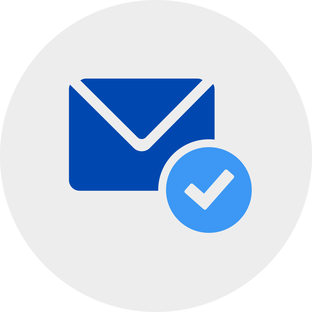 white check mark in a blue circle attached to a blue envelop in a grey circle.