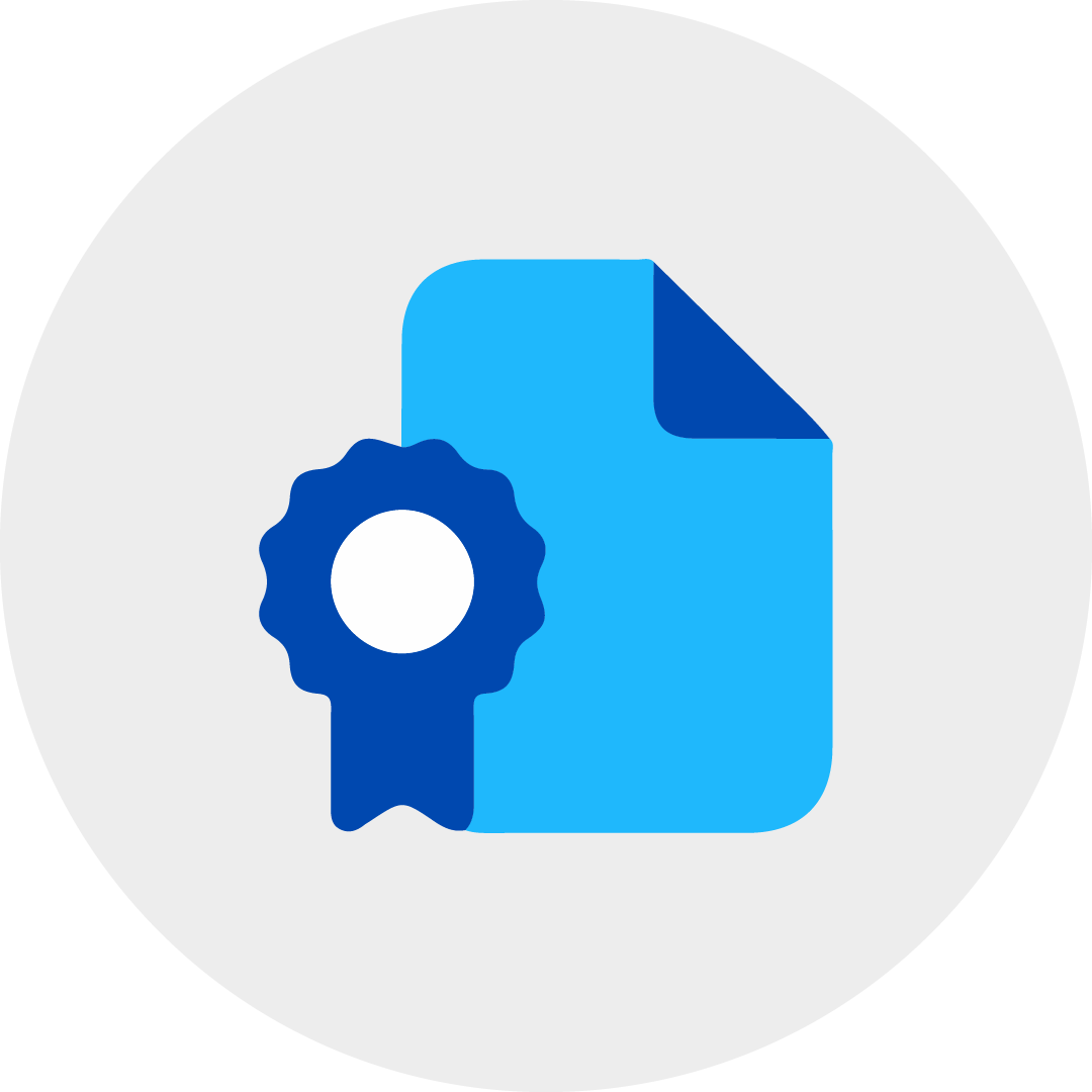 blue file with certification ribbon in a grey circle