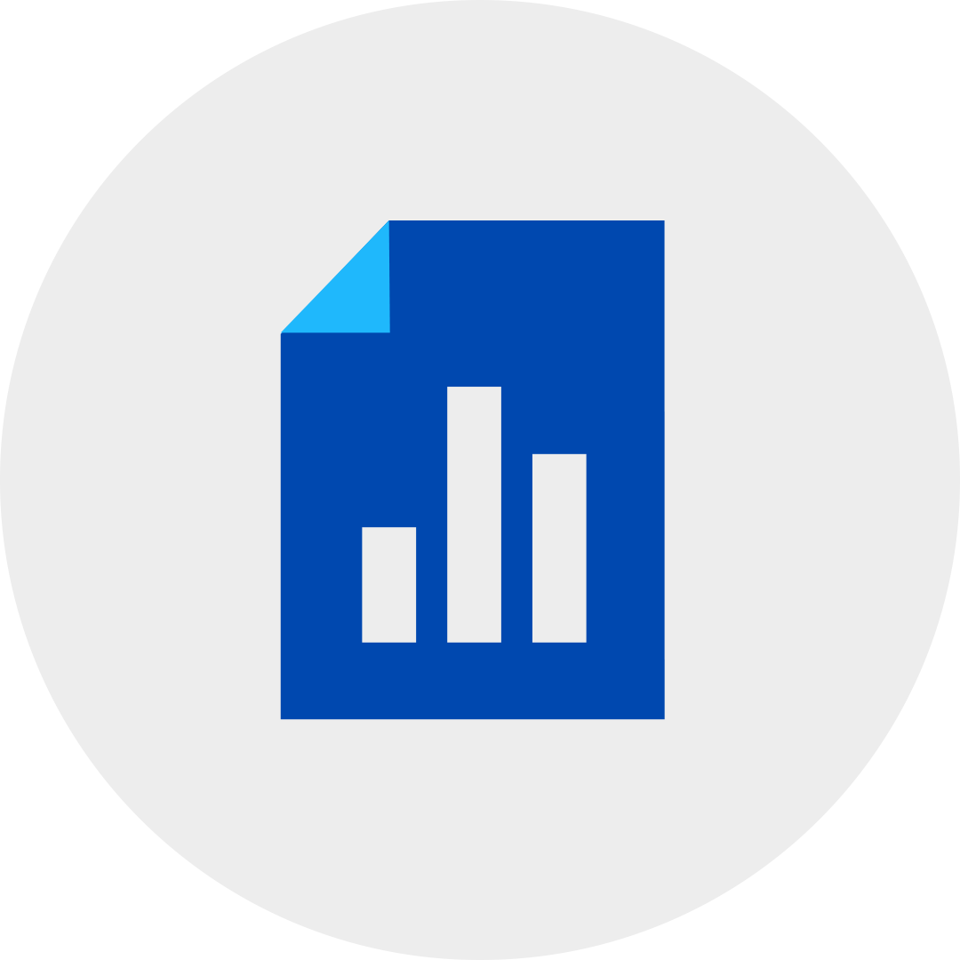 blue document file with a bar chart in a grey circle.