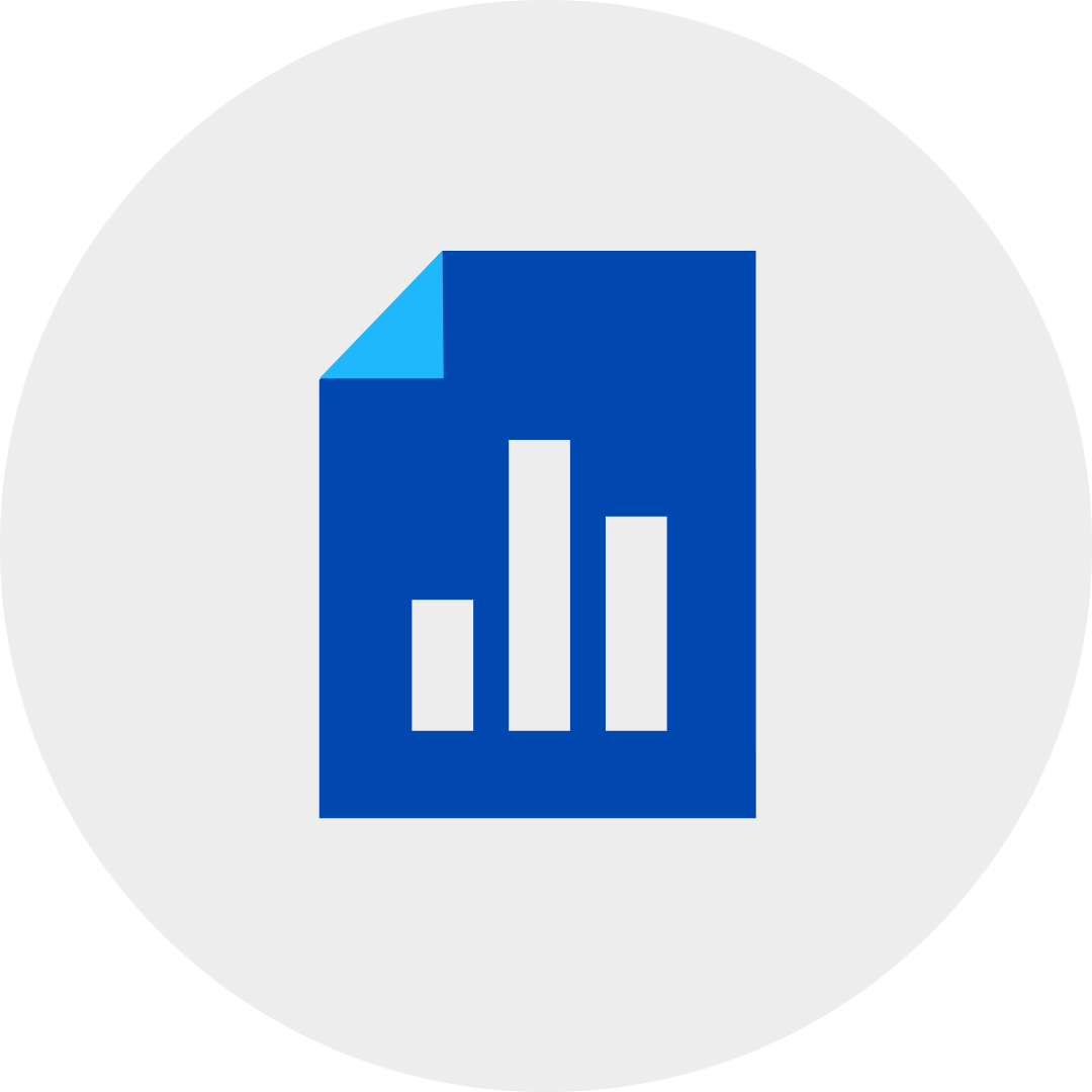 blue document file with a bar chart in a grey circle.