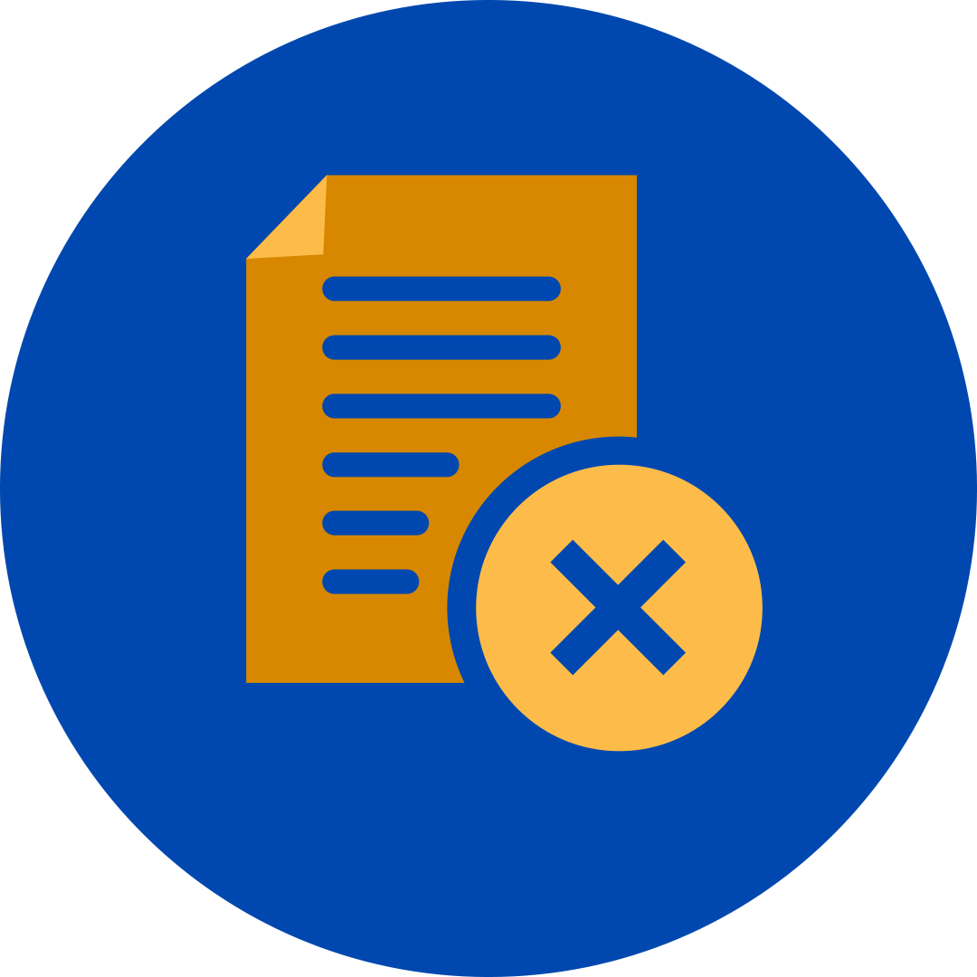 blue x mark in a yellow circle attached to an orange document file in a blue circle.