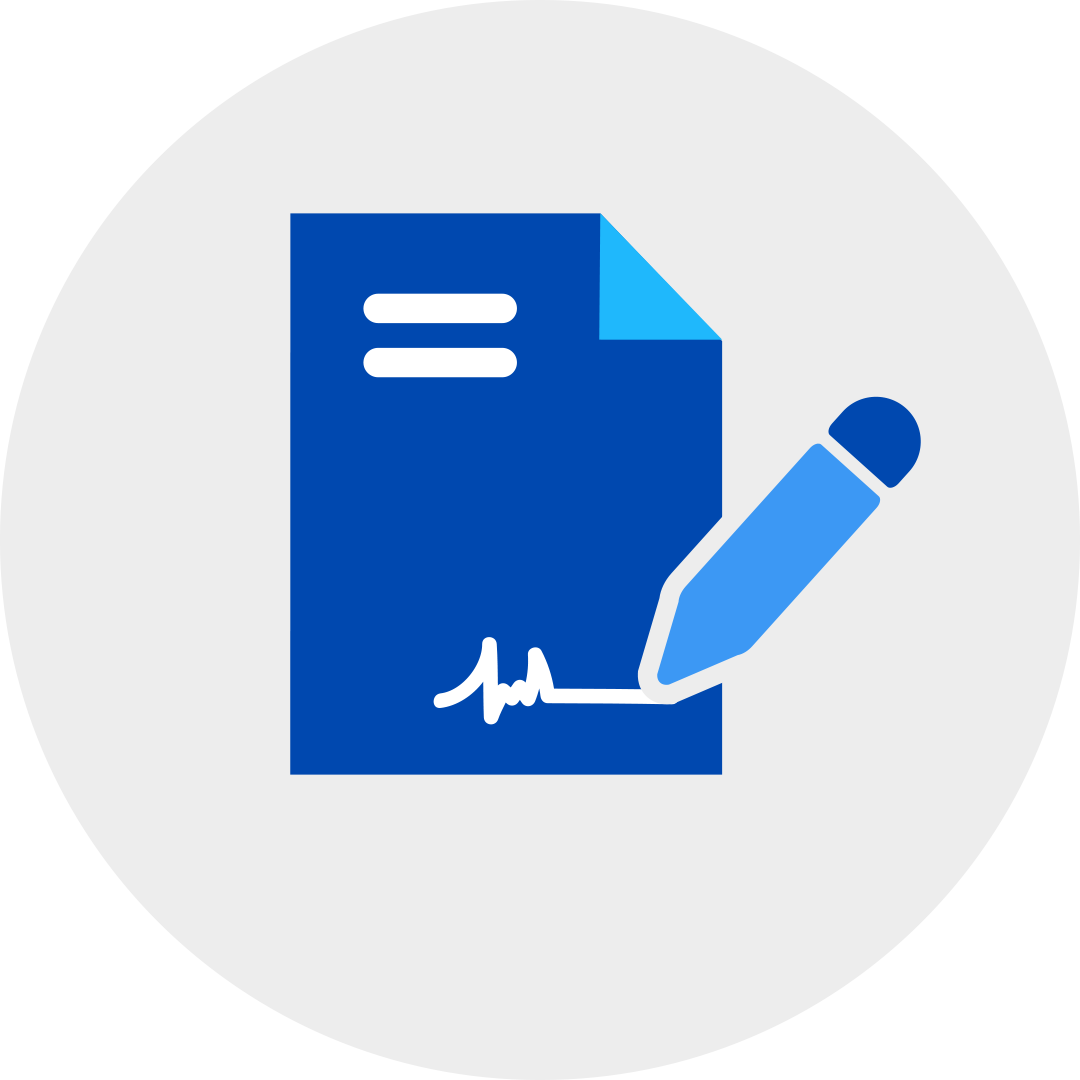 blue pen signing a blue document file contract file in a grey circle.