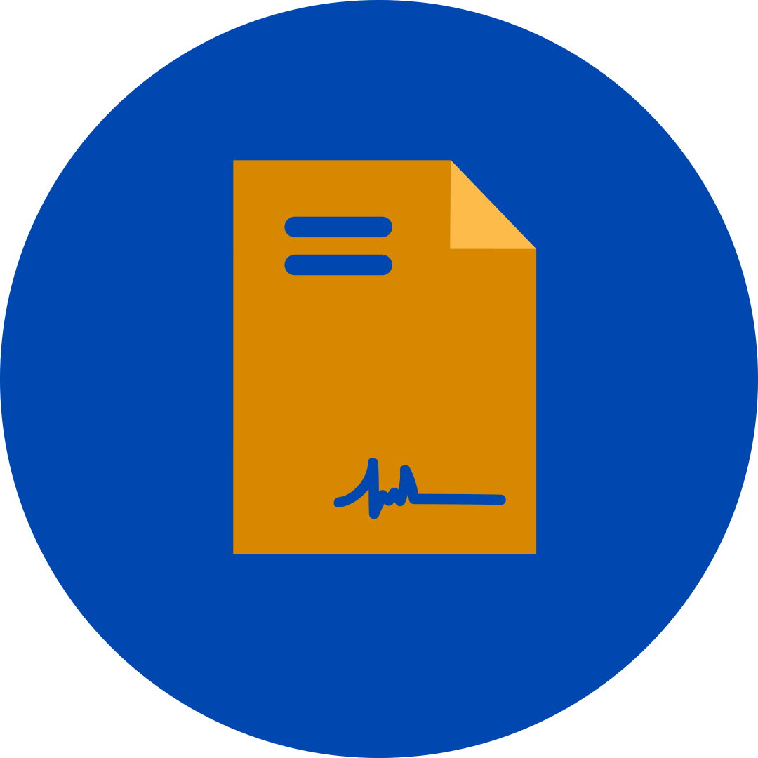 Orange signed contract document file in a blue circle.