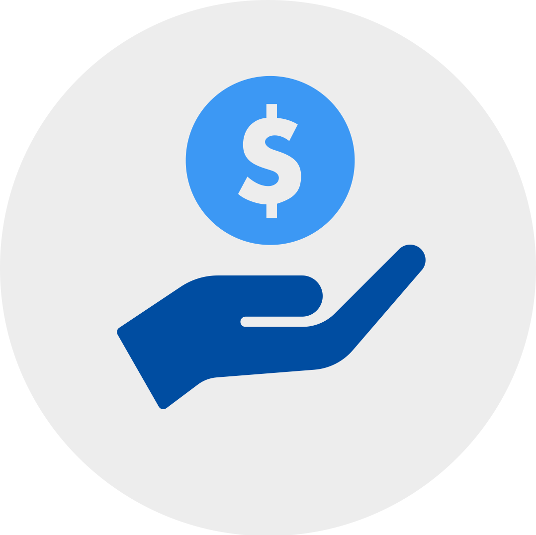 A blue hand holding a coin shaped dollar sign in a grey circle.