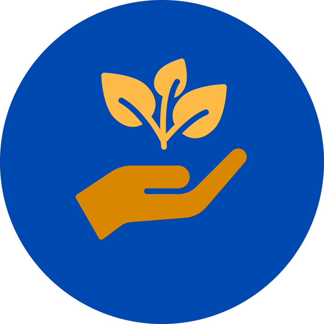 an orange handing in a blue circle holding a sprouting seed.