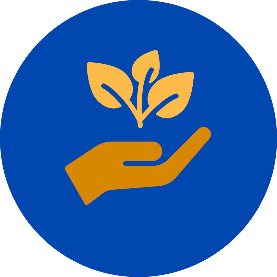 an orange handing in a blue circle holding a sprouting seed.