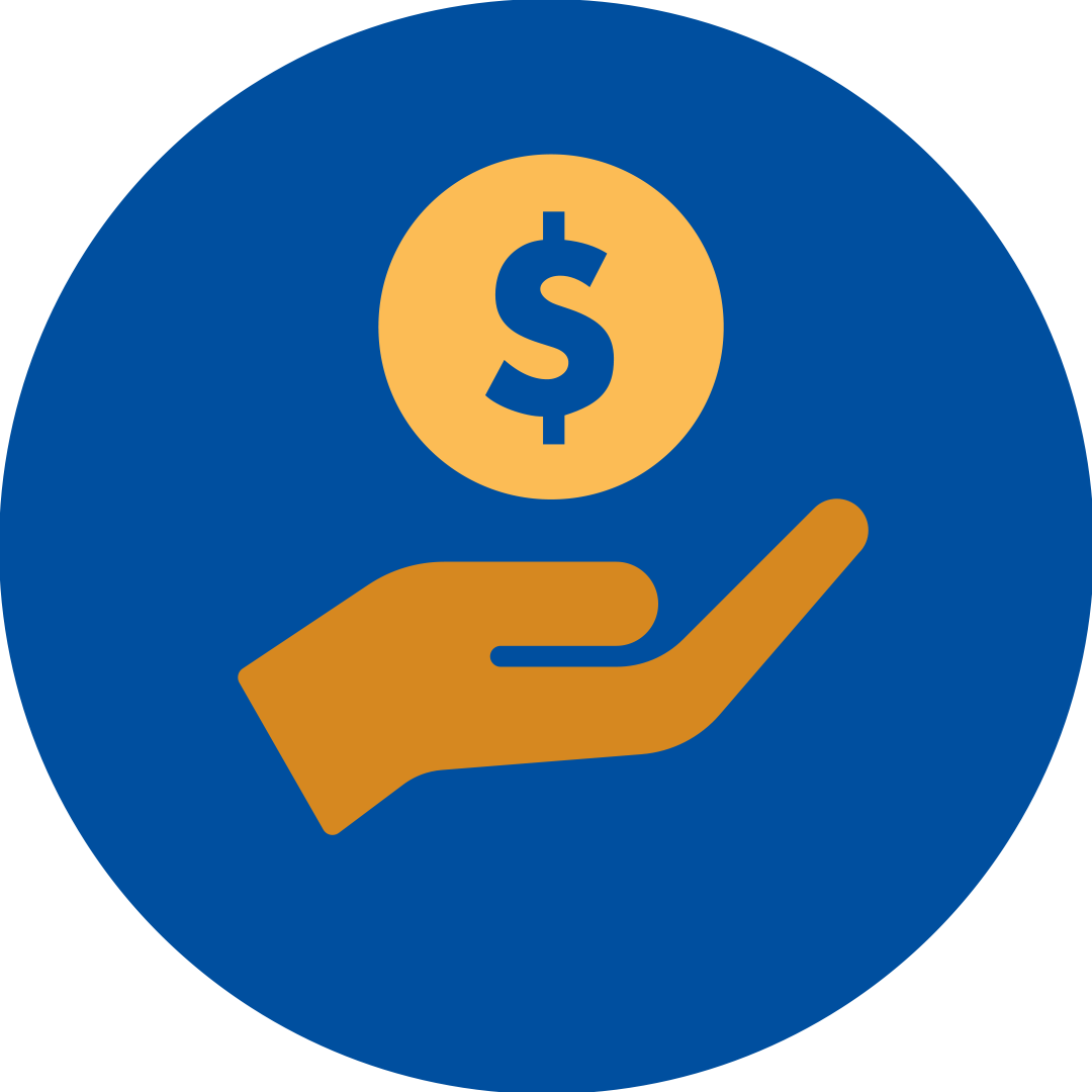 An orange hand holding a coin shaped dollar sign in a blue circle.
