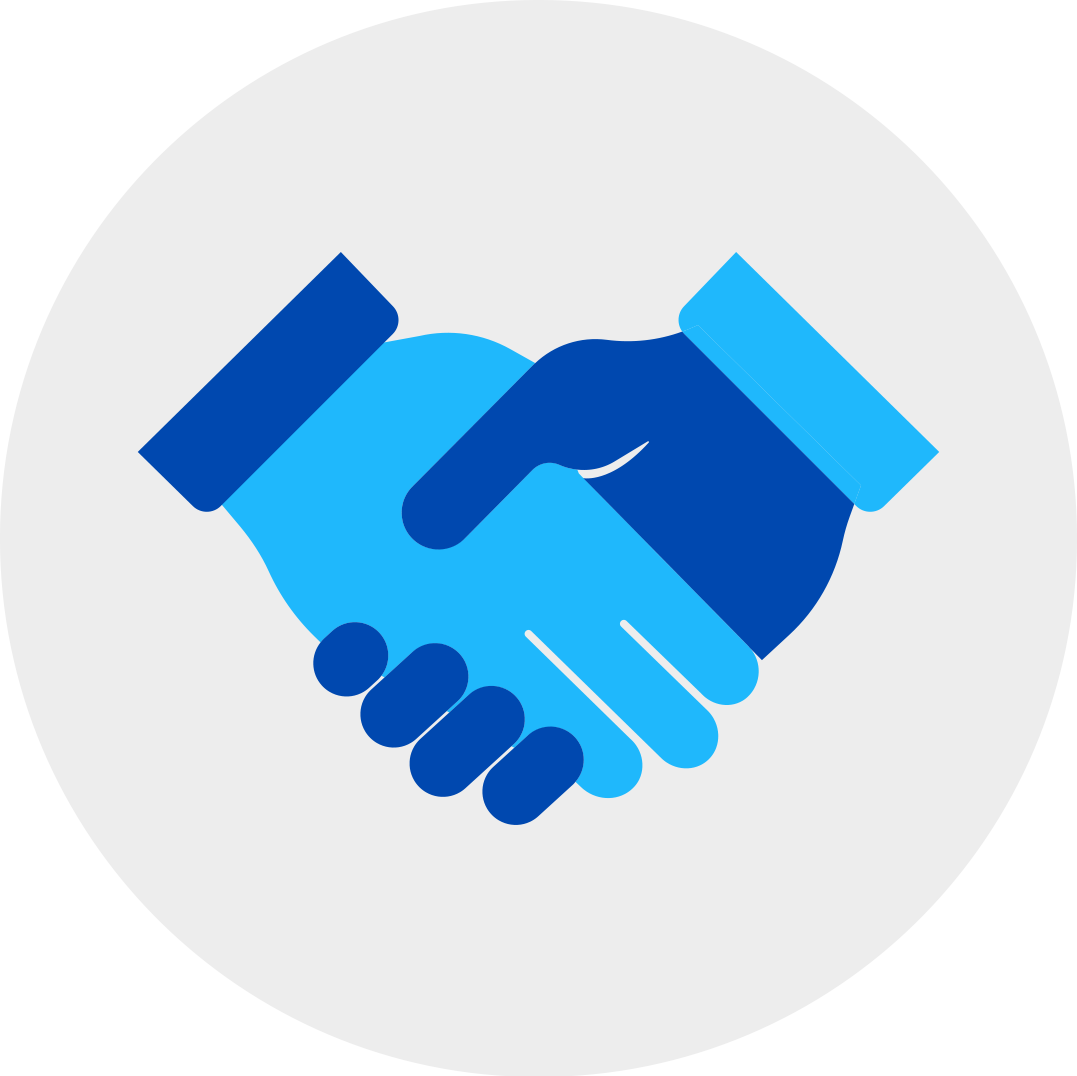 a handshake symbol of blue hands in a grey circle.