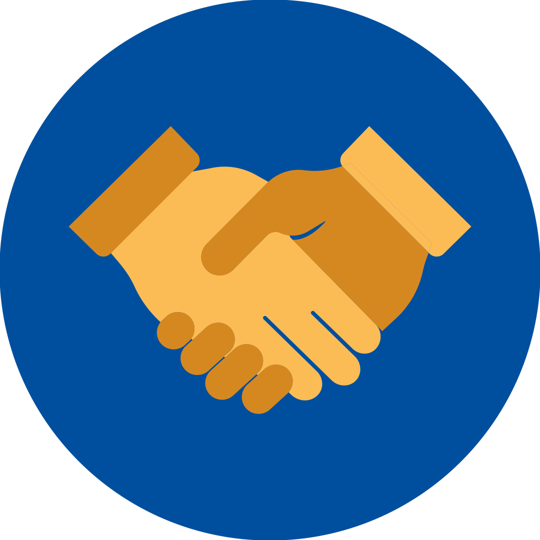 a handshake symbol of blue hands in a grey circle.
