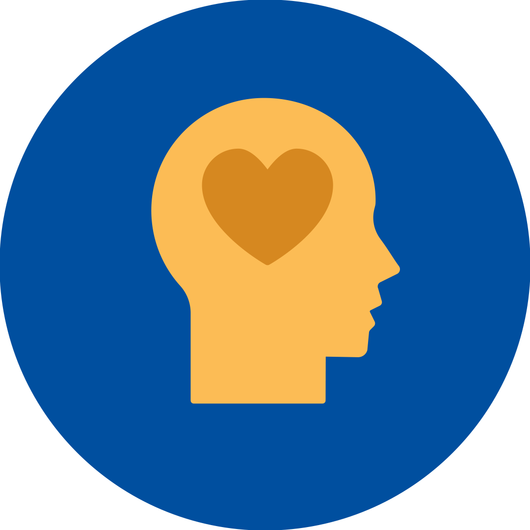 a orange person with a heart on the side of their head in a blue circle.