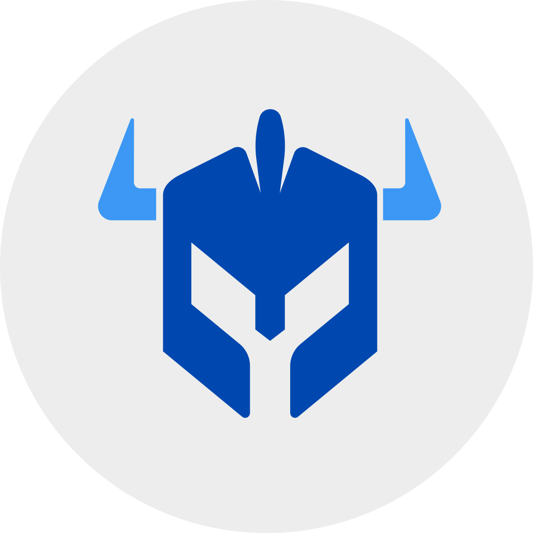 blue battle helmet with horns in a grey circle.